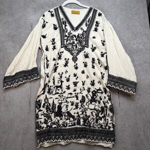 Embroidered Toile Print Tunic Top White Long Sleeve Boho Small Sana‎ Safinaz